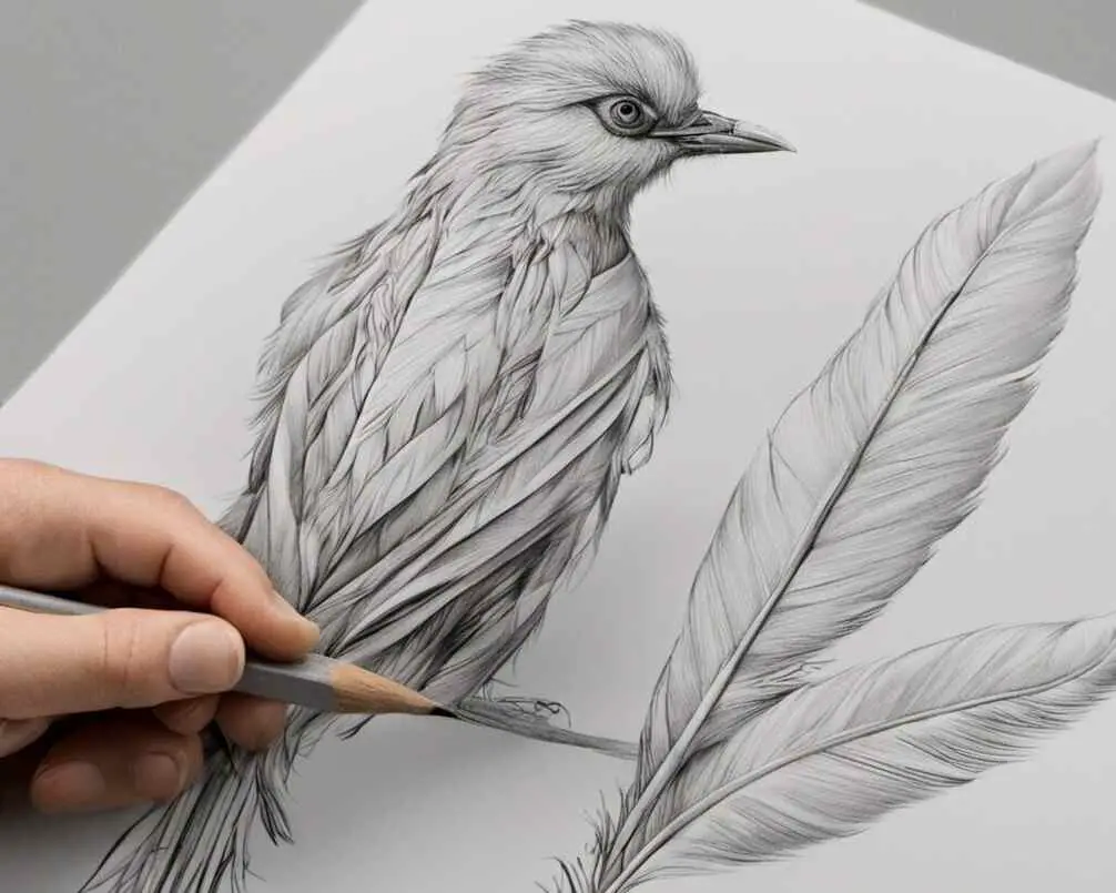A person drawing a bird with a pencil.