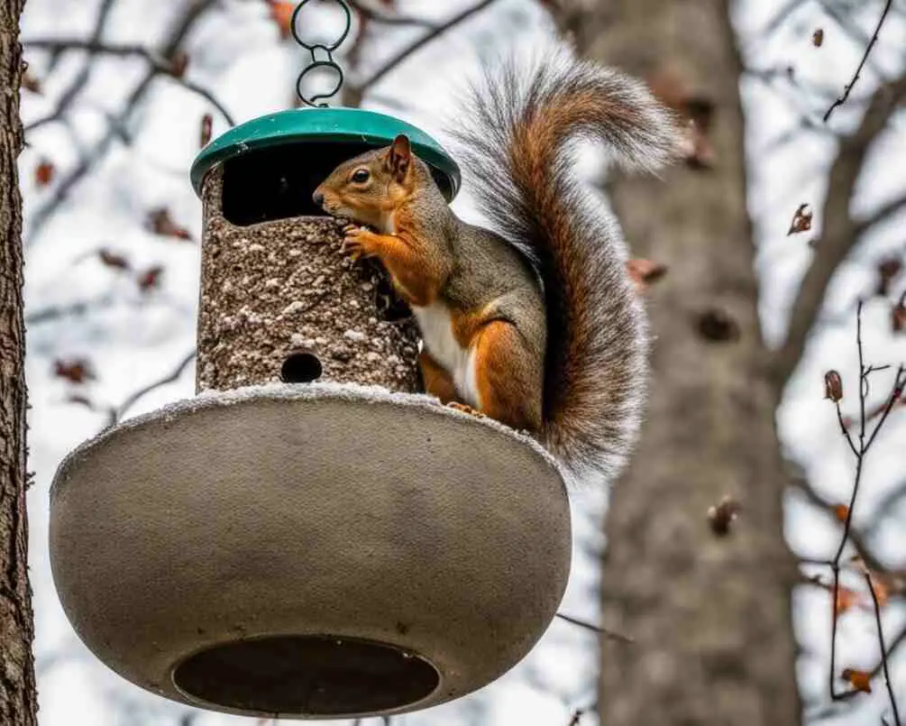 A squirrel raiding a bird feeder in winter for food.