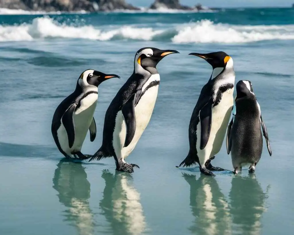 Four penguins on shore communicating with each other.