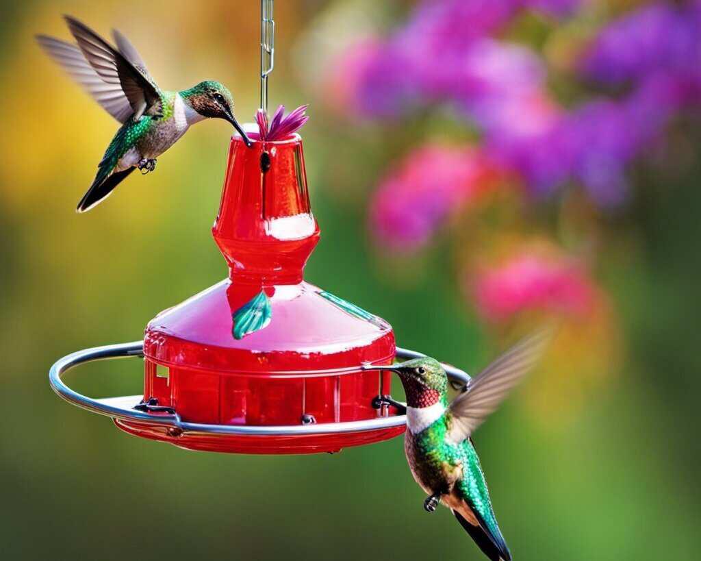 A couple of hummingbirds at a feeder.