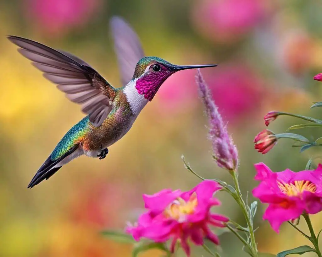 A hummingbird feeding on nectar from a flower.