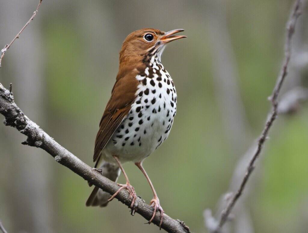 A Wood Thrush perched on a tree branch.