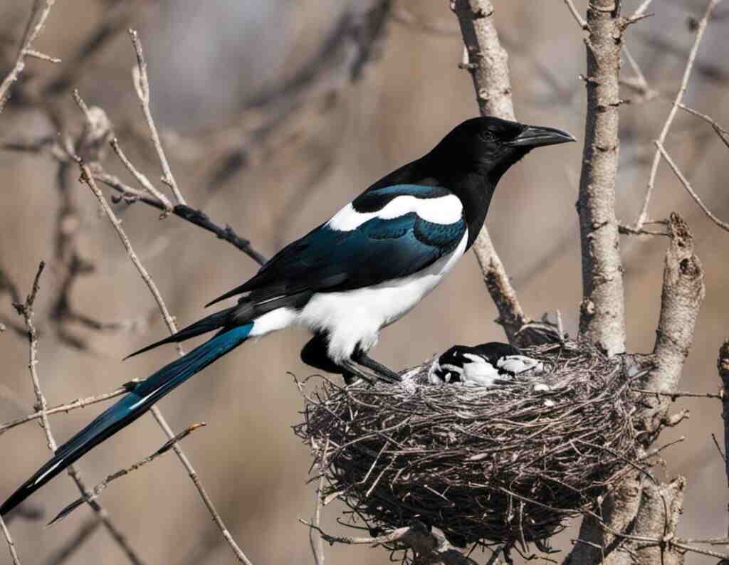 A Black-billed Magpie perched onto the side of a nest.