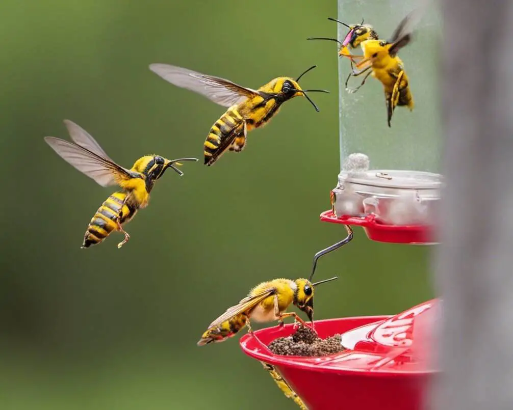 Four Yellow Jacket Wasps flying around a hummingbird feeder.