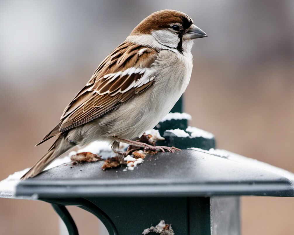 A House Sparrow perched on a mailbox.