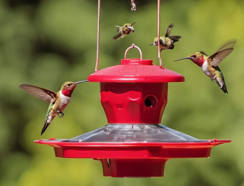 A couple of bees distracting hummingbirds from feeding at a hummingbird feeder.