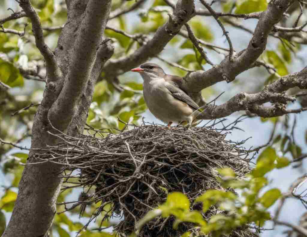 A Red-billed Starling building a nest in a tree.
