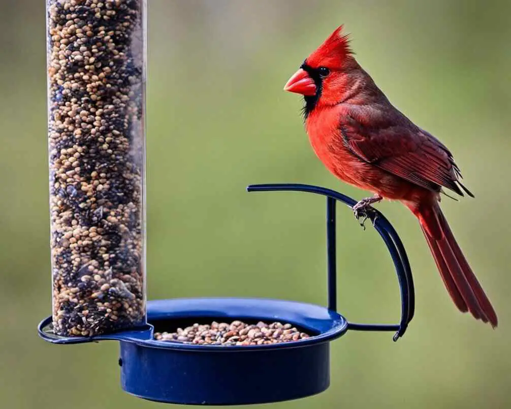 A Northern Cardinal perched onto the side of a tube feeder.