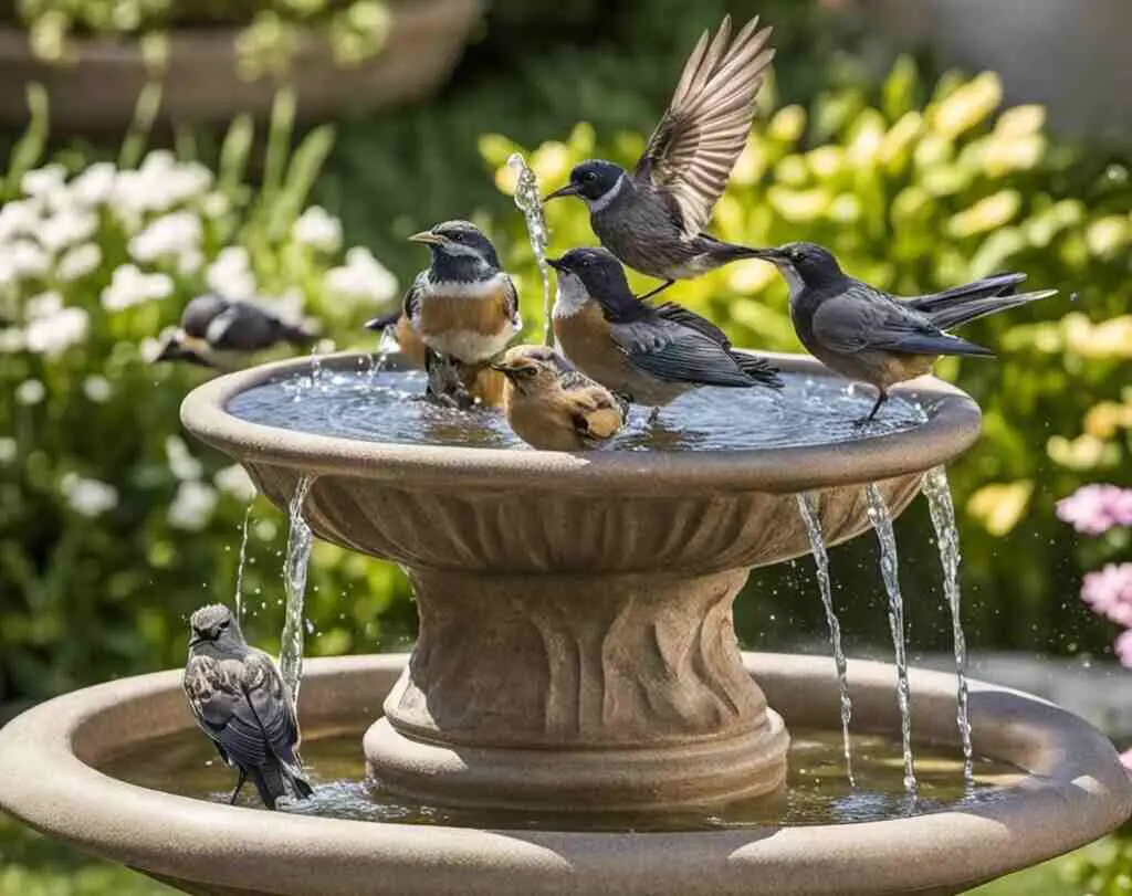 A bunch of birds enjoying a bird bath.