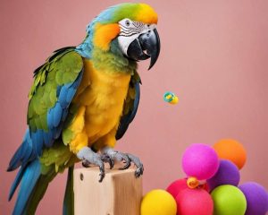 A Parrot playing with toys.