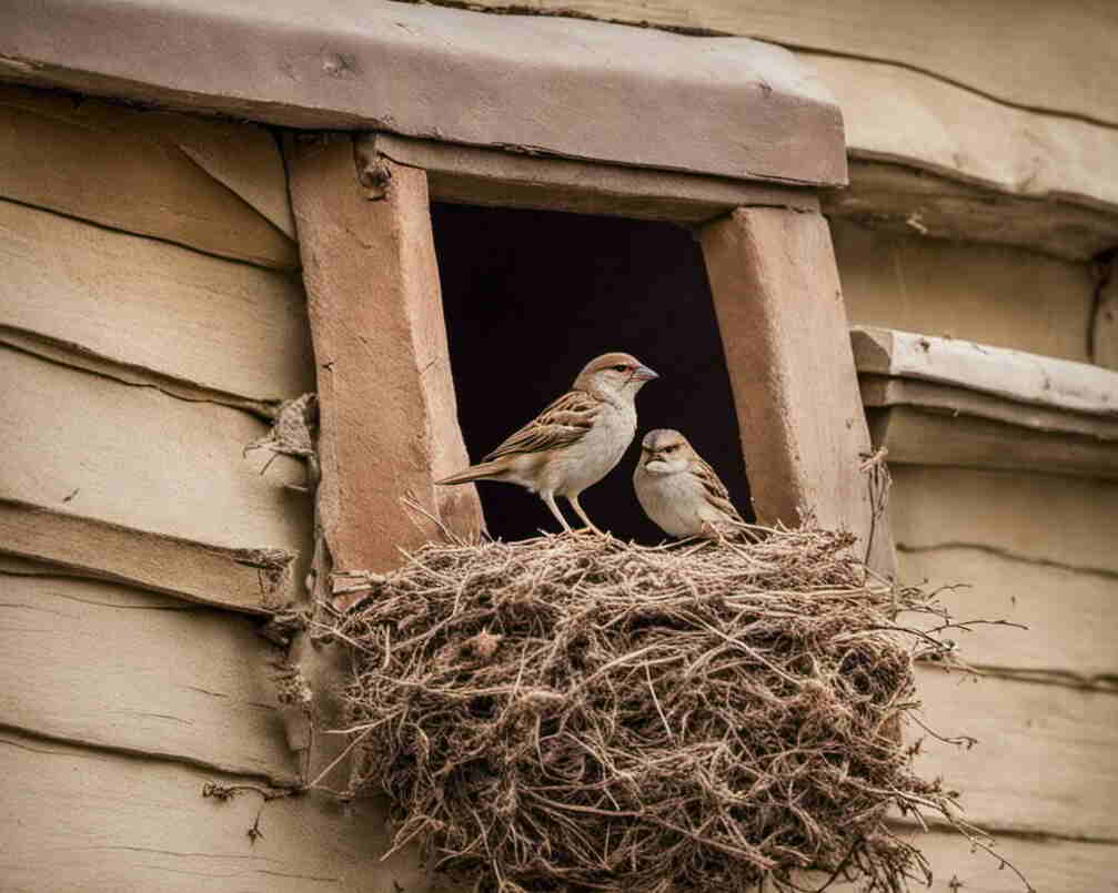 A pair of House Sparrows nesting inside a house wall.