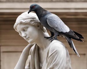 A pigeon pooping on the face of a statue of a woman.