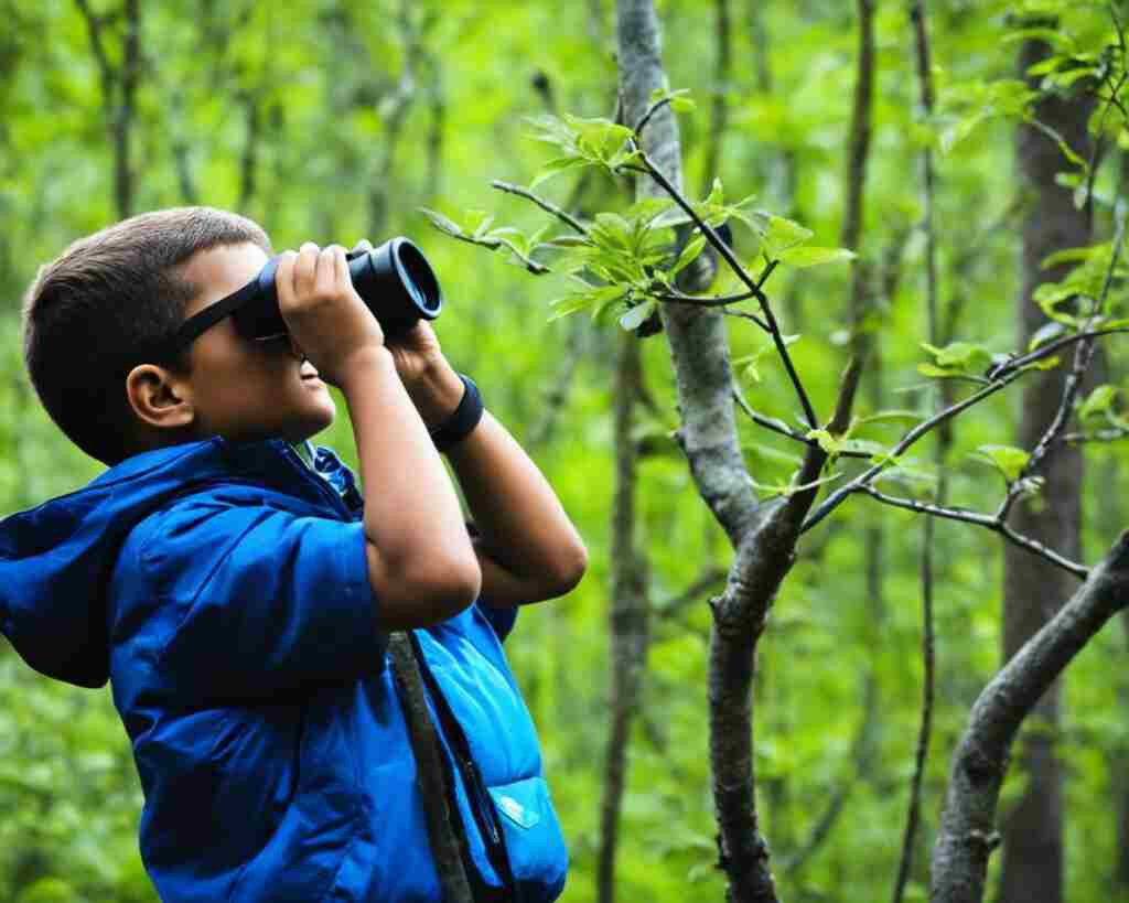 A boy with binoculars, bird watching.