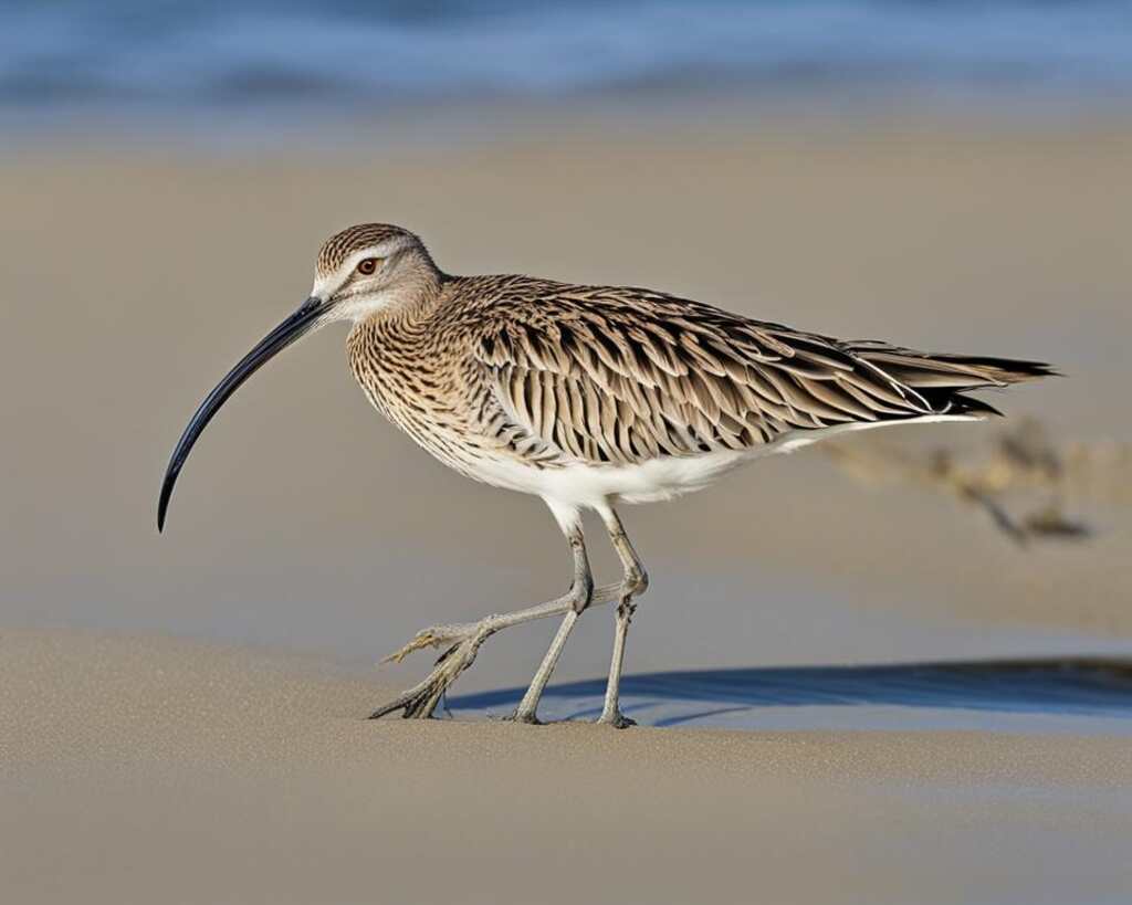 A curlew with a distinctive curved beak walking along the beach.