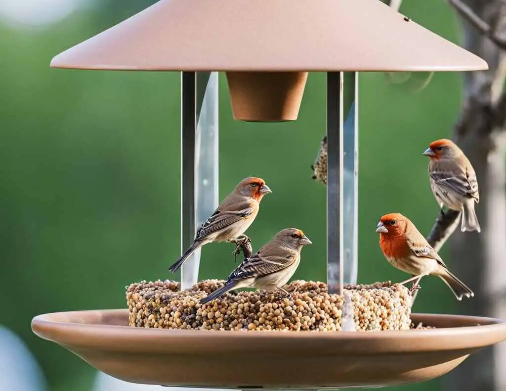 A bunch of House Finches feeding at a bird feeder.