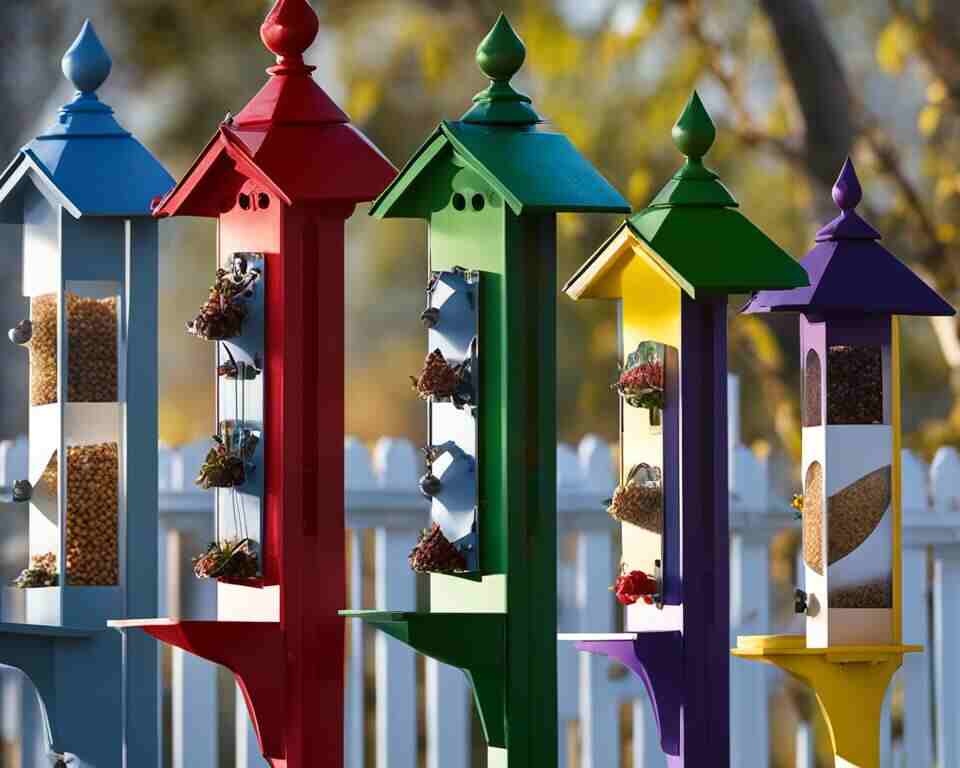 A group of five multicolored bird feeders.