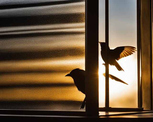 A solitary bird perched on a windowsill, looking in attentively as the sun sets behind it. The glass reflects its silhouette, creating a mysterious aura around the visitor.