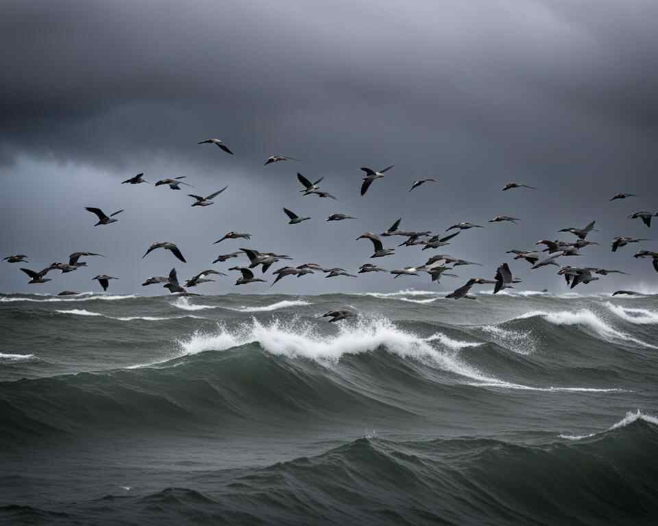 A group of birds stuck in storm over the ocean.