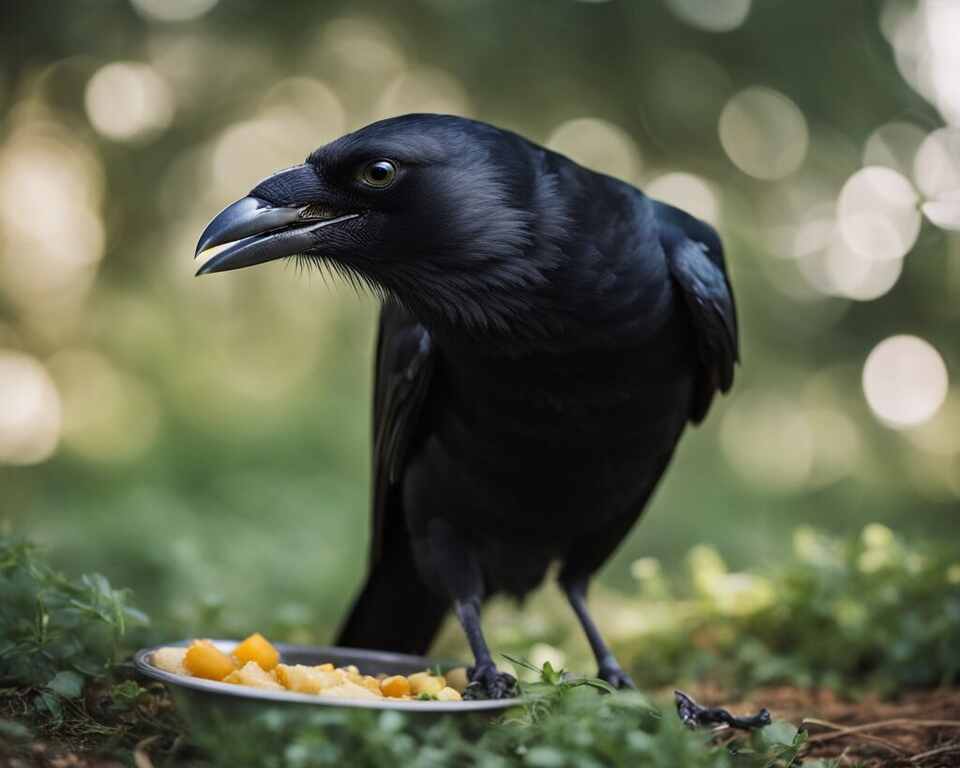 A crow eating food.