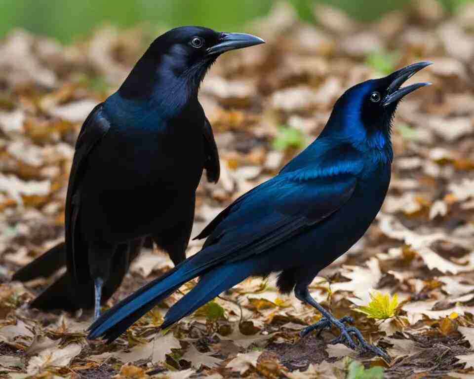 A Common Grackle and an American Crow standing side-by-side. 