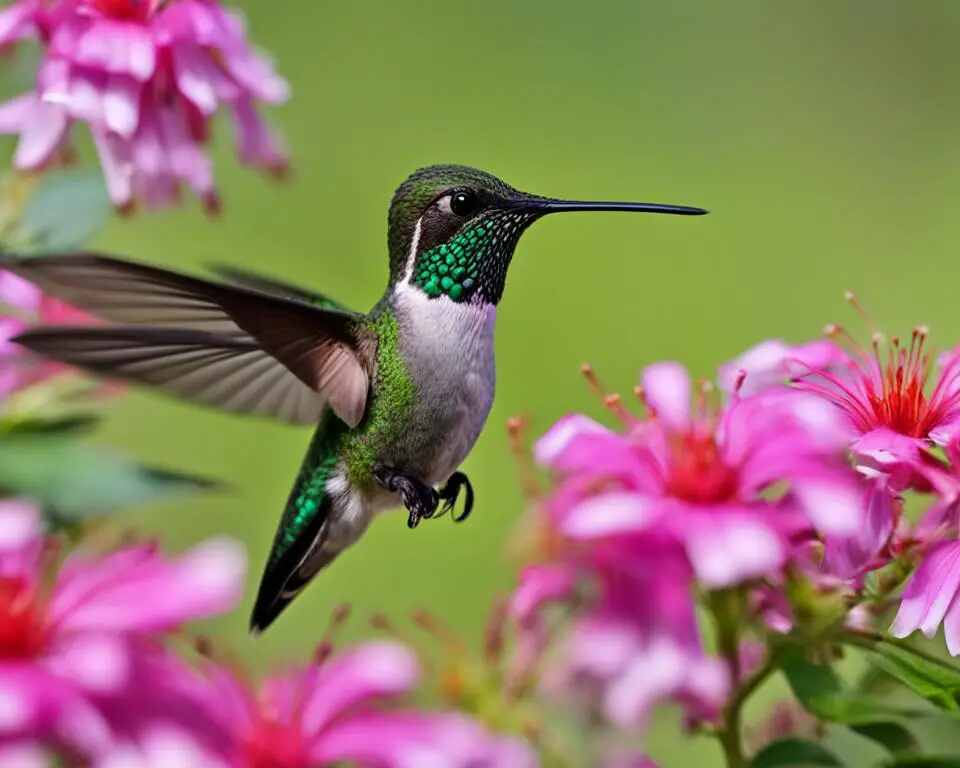 A hummingbird sucking nectar from a flower.