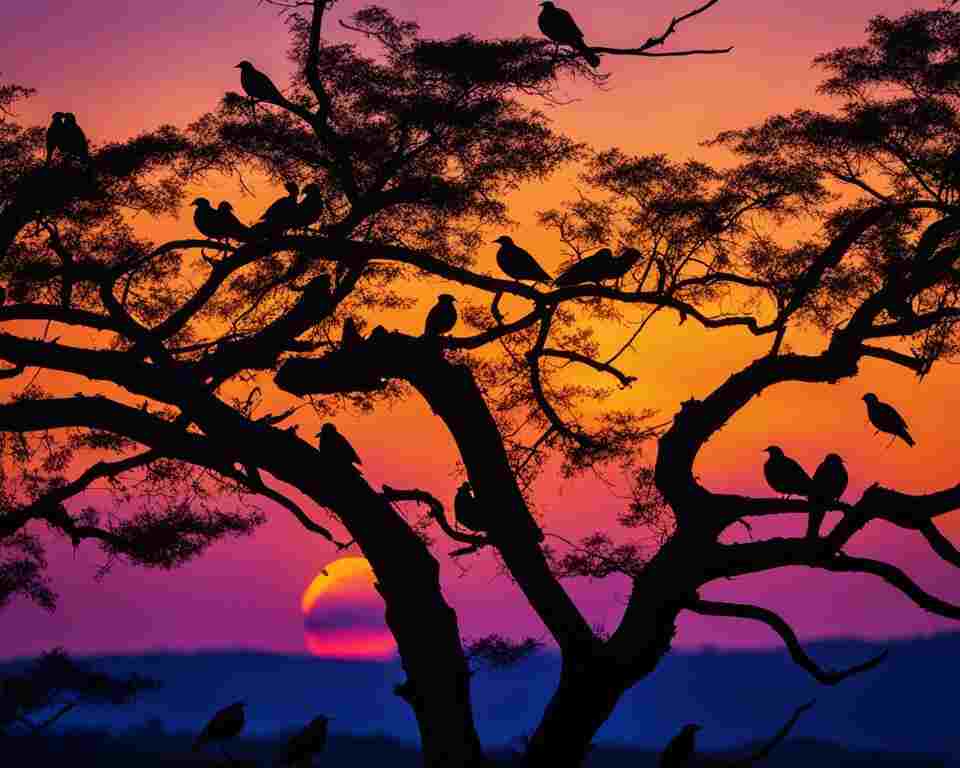 A flock of birds perched on a tree branch, singing their morning melodies as the sun rises behind them. 