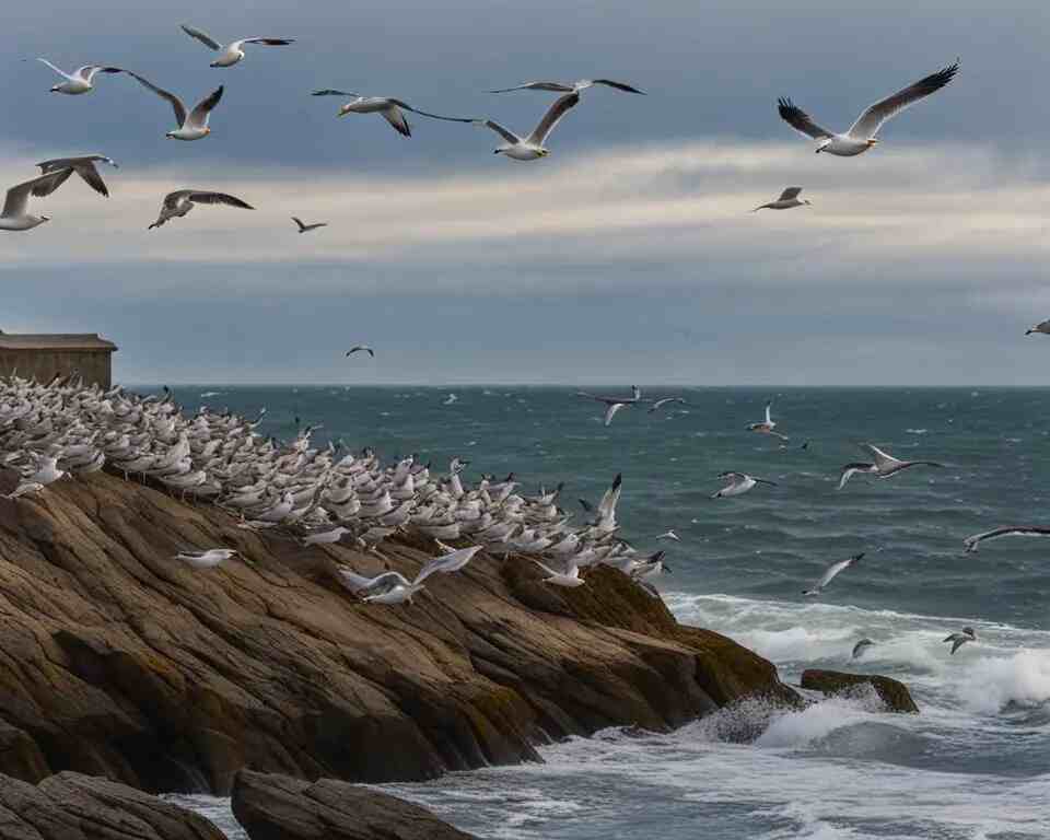 A group of seagulls flying around shore.