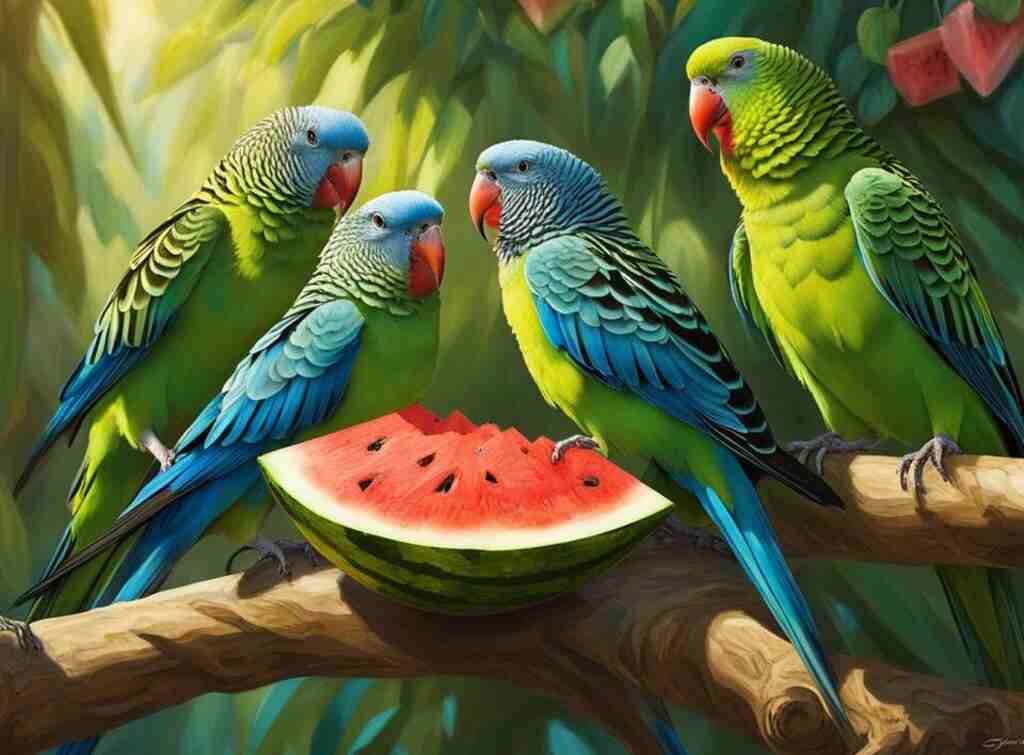 A group of parakeets enjoying a watermelon.