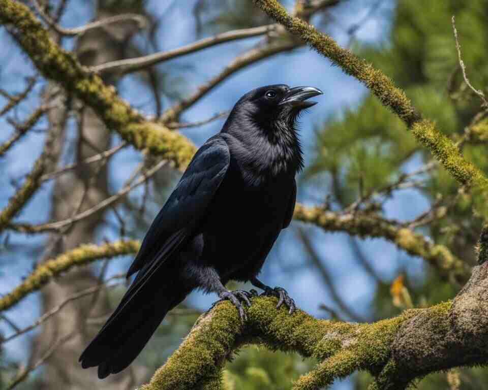 A crow perched on a tree branch looking down at a squirrel on the ground below.