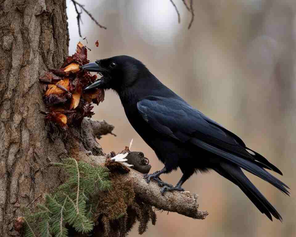 A crow perched on a tree branch, picking at the flesh of a squirrel carcass with its sharp beak.
