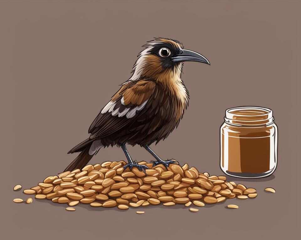 A bird beside a jar of peanut butter.