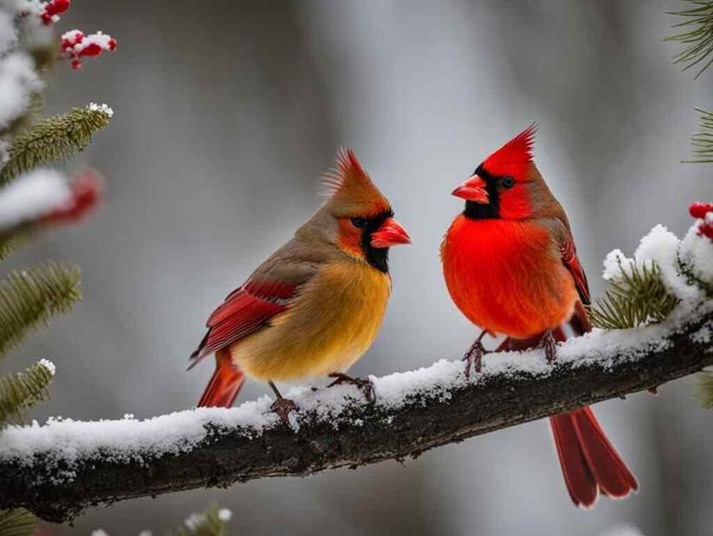 A male and female cardinal perched on a tree.