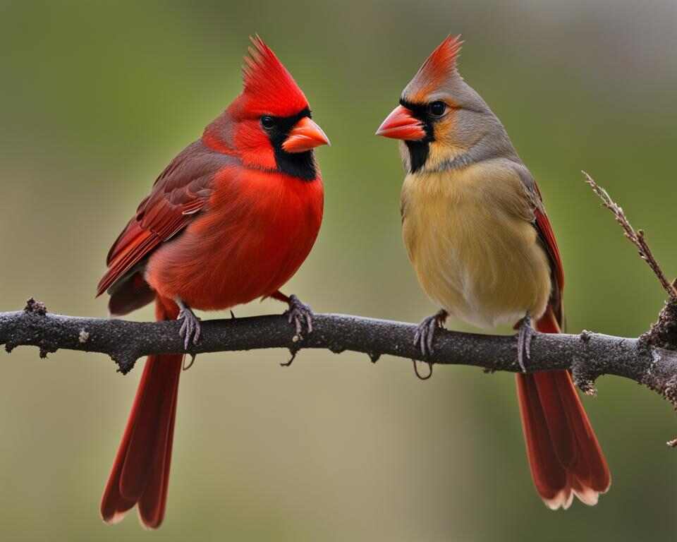 A photo showing the size and shape differences between male and female cardinals. 