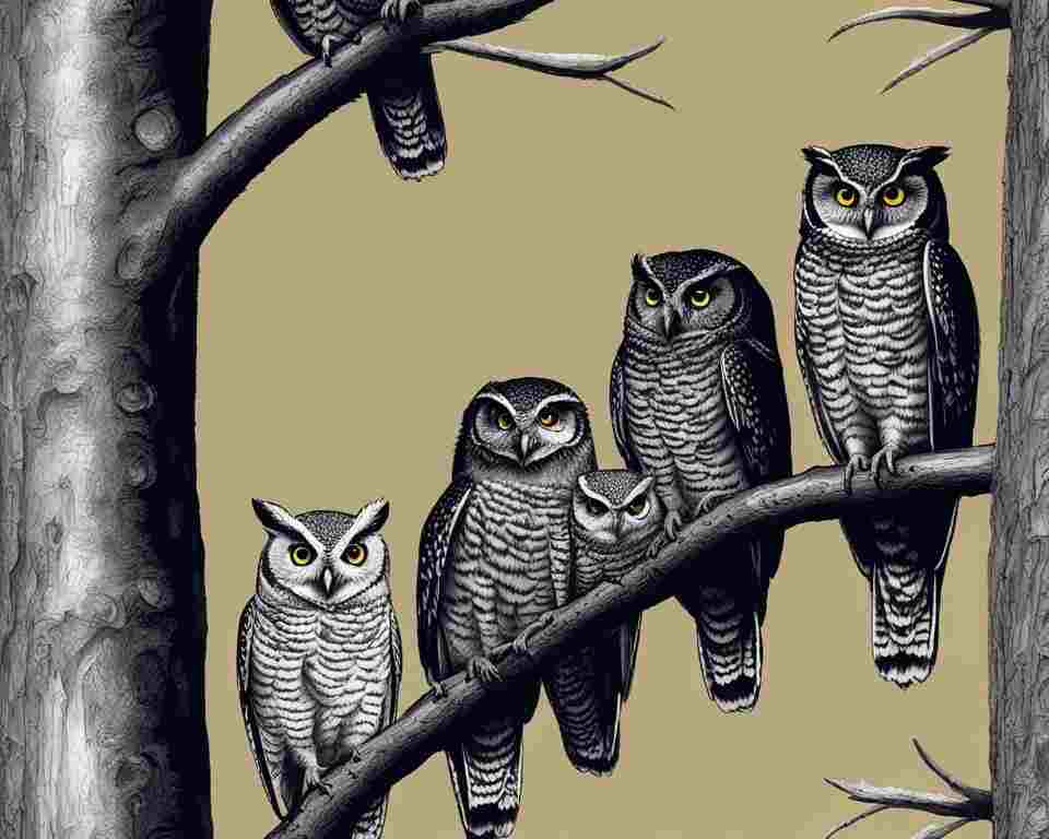 An image of an elf owl standing next to other North American owl species to highlight their size difference.