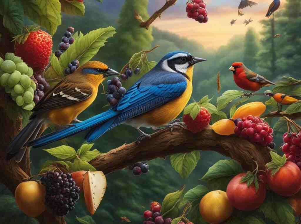 A bird perched on a tree branch surrounded by various types of food, including seeds, insects, and berries.