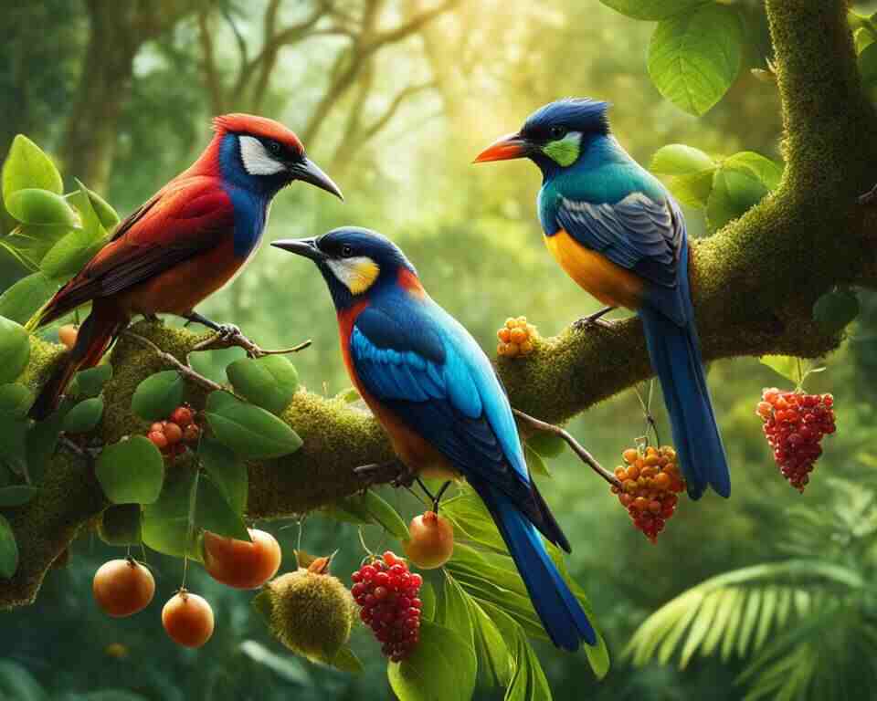 A group of colorful birds perched on a tree branch, each with a different type of food in their beak. 