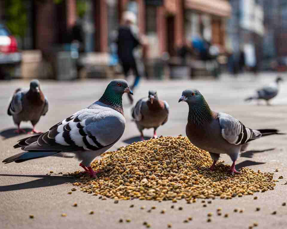 A group of pigeons eating bird seed on a sidewalk.