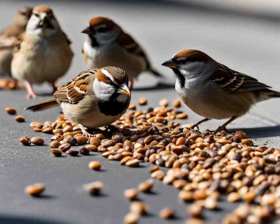 A group of sparrows eating bird seed on a sidewalk.