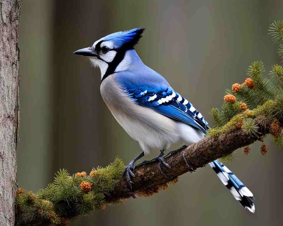 A Blue Jay perched in a tree defending its territory.