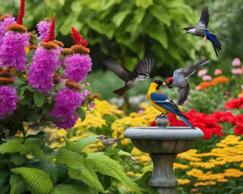 A vibrant garden with a plethora of colorful flowers and plants, featuring a group of birds perched on branches and hovering around the area.