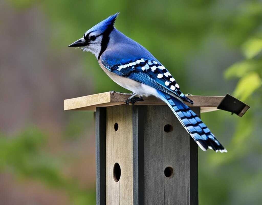A blue jay perched atop a birdhouse, glaring at a family of bluebirds inside.