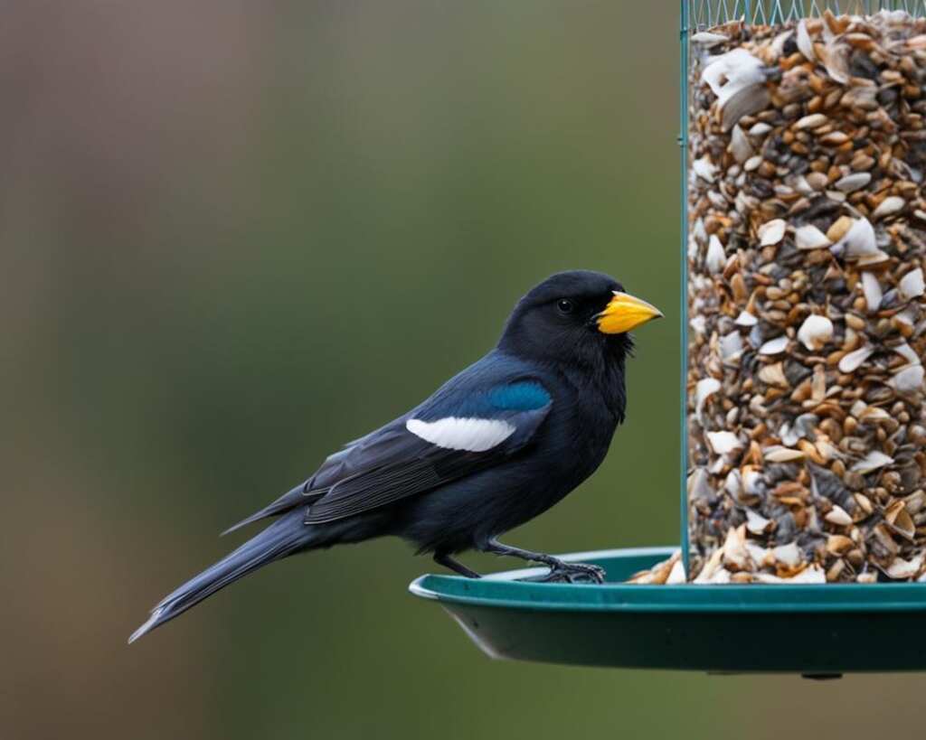 A lone bird is perched on a bird feeder.
