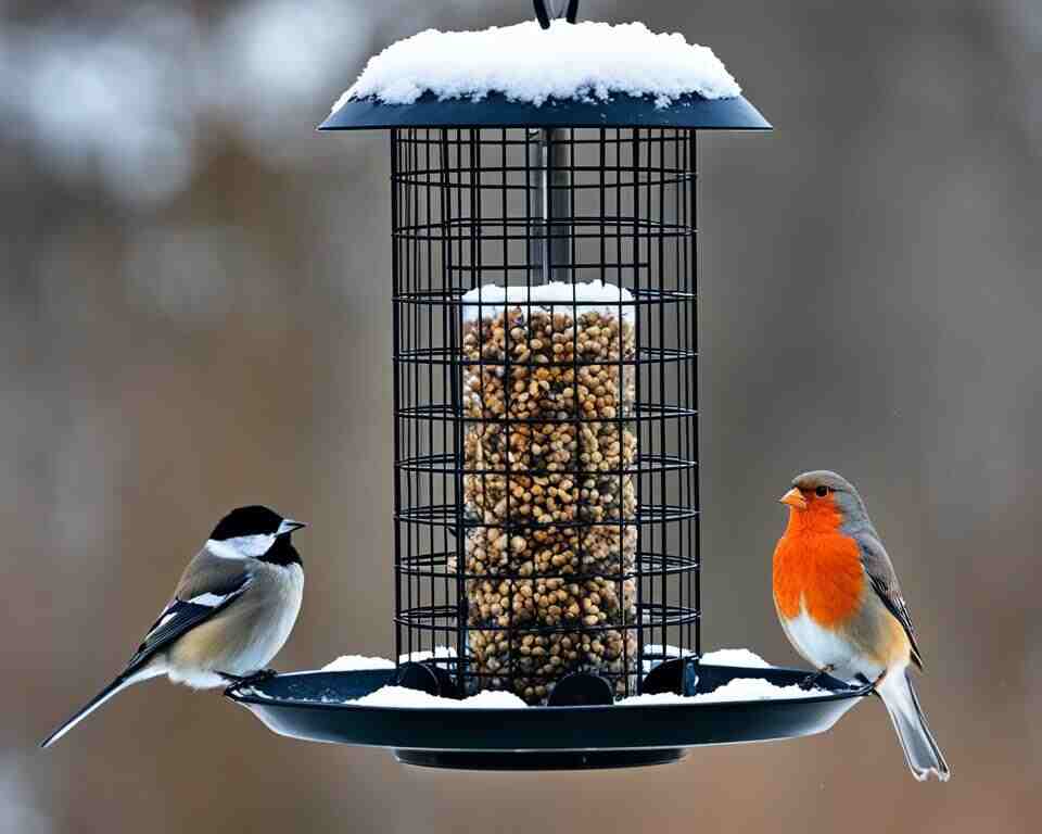 A European Robin and a Black-capped Chickadee perched on a bird feeder in winter.