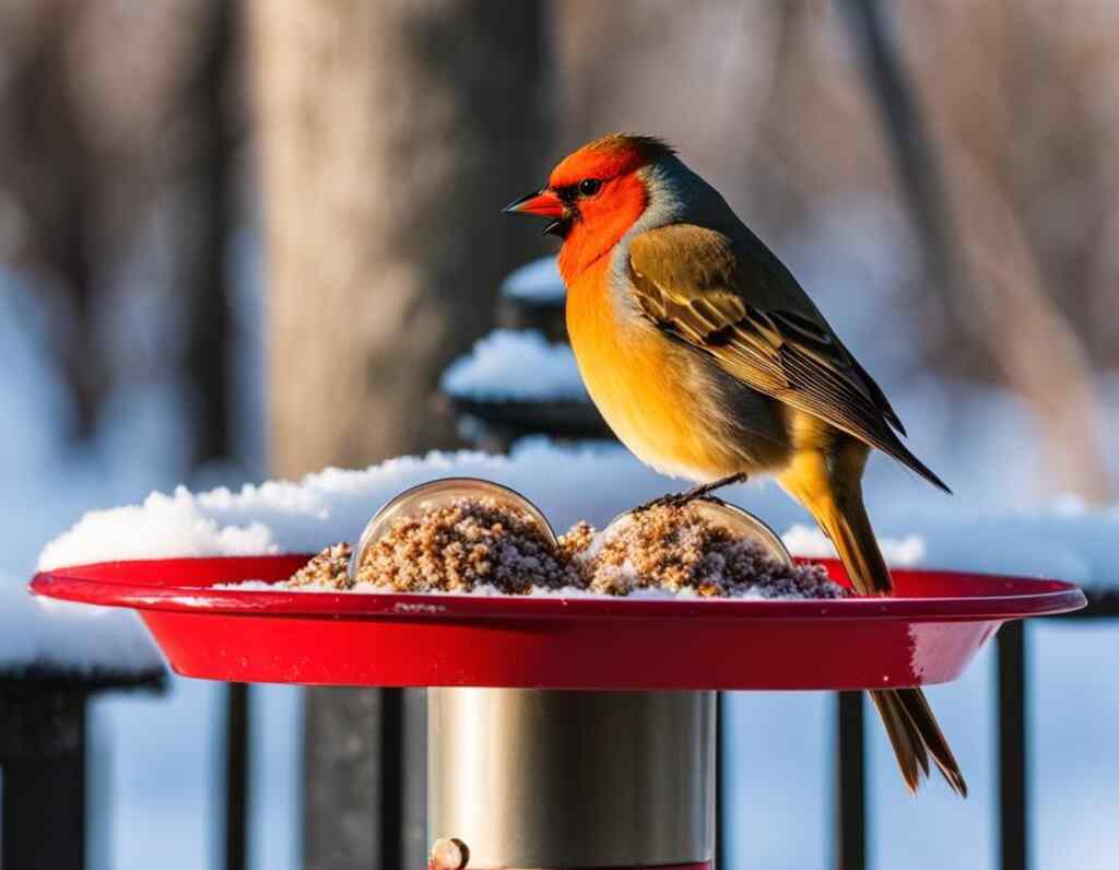 A bird perched on a metal bird feeder eating in winter.