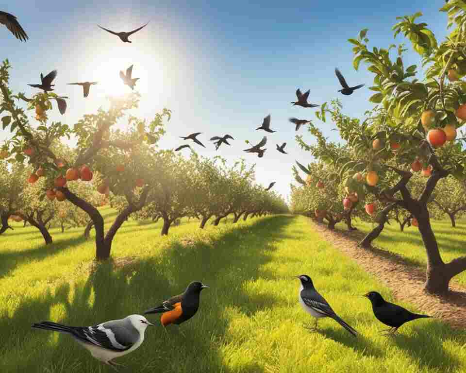 A flock of diverse birds perched on the branches of fruit trees in a sun-kissed orchard.