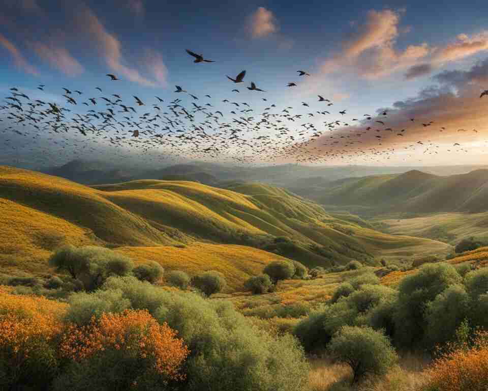 A flock of birds soaring over a diverse landscape, showcasing the different habitats they live in and how they contribute to the ecosystem. 