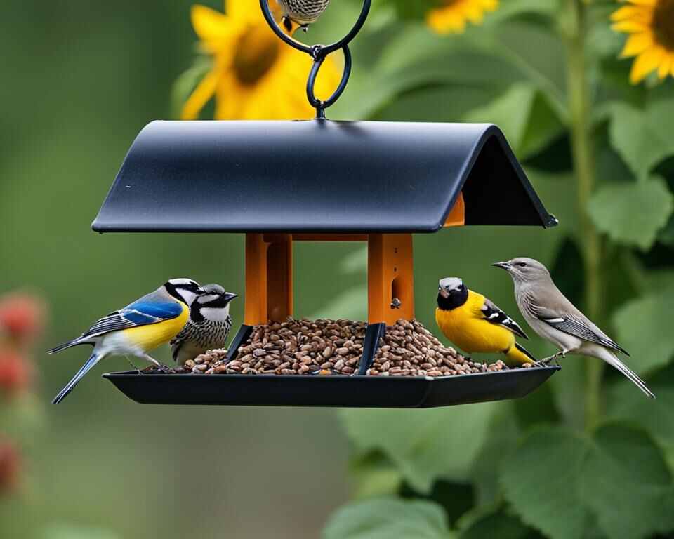 A group of birds feeding on sunflower seeds at a bird feeder.