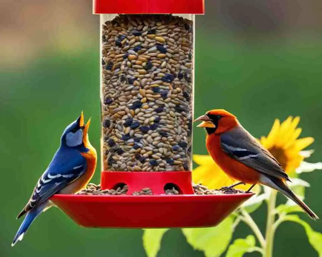Two birds enjoying sunflower seeds at a bird feeder.