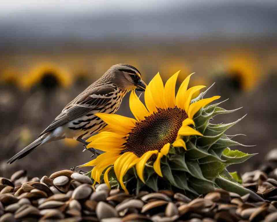 A sparrow eating sunflower seeds from a sunflower on the ground.