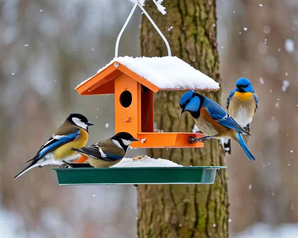 A group of small birds feeding at a bird feeder in winter.